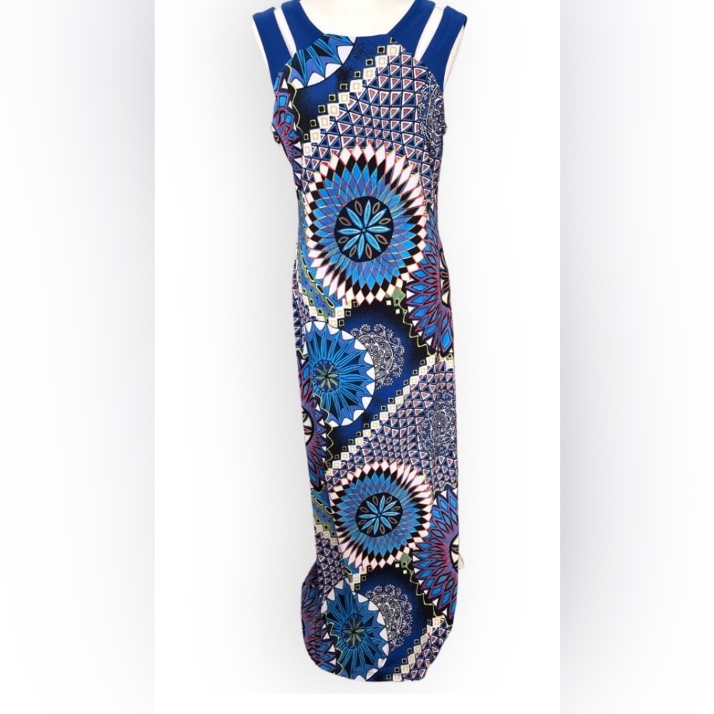 Frank Lyman Jersey Geometric Print Maxi Dress Size 12 Modern Boho Kaleidoscopic